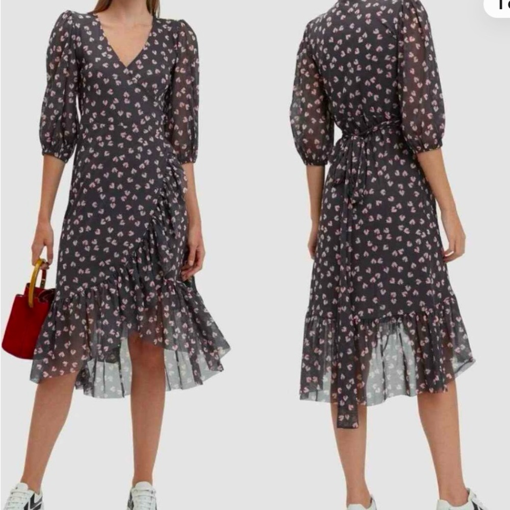 Ganni Brown and Blue Asymmetrical Ruffled Sundress with Puff Sleeves